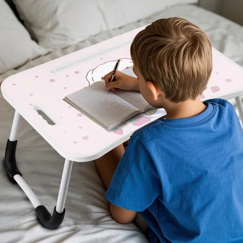 Miniatura 4 de Escritorio kawaii plegable para laptop, mesa de escritorio Kawaii, bandeja de desayuno plegable, soporte de lectura para cama, sofá, suelo (rosa)
