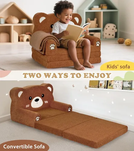 Miniatura 5 de Foryoomi Sofá para niños, sofá de bebé de 2 en 1 suave con manta plegable, silla cómoda, sofá de felpa convertible plegable, regalos para niños Oso