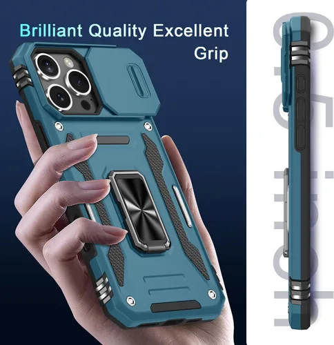 Miniatura 319 de DEERLAMN Funda para iPhone Xs Max con funda deslizante para cámara + protector de pantalla, soporte giratorio de anillo de grado militar a prueba