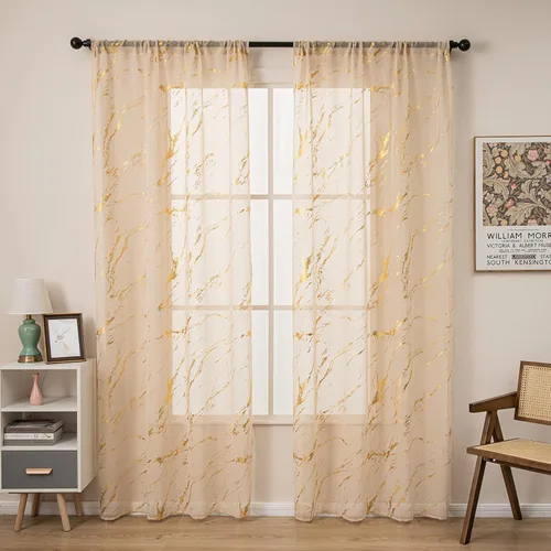 Miniatura 6 de Cortinas Transparentes Beige con Estampado de Lámina de Mármol Dorado de 63 Pulgadas de Largo para Cuarto de Bebé, Paneles de Ventana con Bolsillo