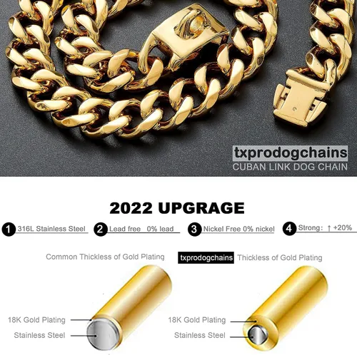 Miniatura 6 de txprodogchains Collar de cadena para perro grande con hebilla, resistente de 0.748 in de grosor, acero inoxidable, oro de 18 quilates, cadena