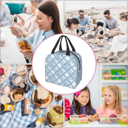 Miniatura 9 de Nerxy Lonchera a cuadros de búfalo azul, moderna, 8 x 5 x 8.5 pulgadas, suave bolsa de almuerzo para mujeres, niños, adultos, trabajo, escuela