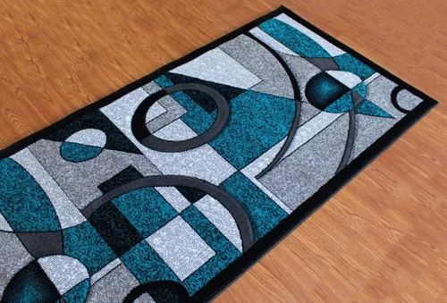 Miniatura 4 de Masada Rugs Sophia Collection - Alfombra de pasillo tallada a mano, moderna, contemporánea, turquesa, gris, negro (2 pies 8 pulgadas x 10 pies)