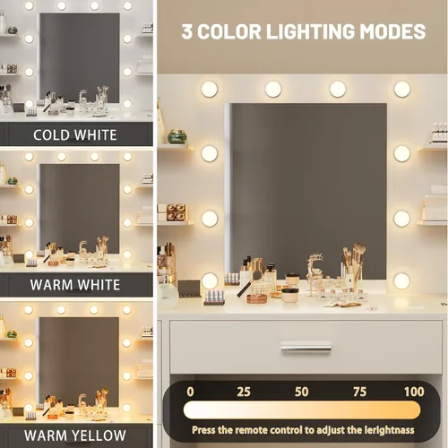 Miniatura 3 de Furmax - Escritorio de tocador con espejo, luces LED y toma de corriente, mesa de maquillaje con 7 cajones y 6 estantes de almacenamiento, mesa