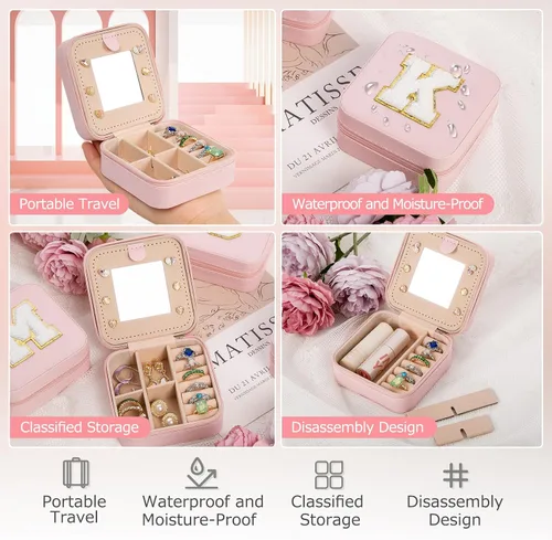 Miniatura 3 de Ulico Joyero de viaje para joyas, organizador de joyas pequeño con espejo, caja organizadora de joyas, artículos esenciales de viaje, regalos
