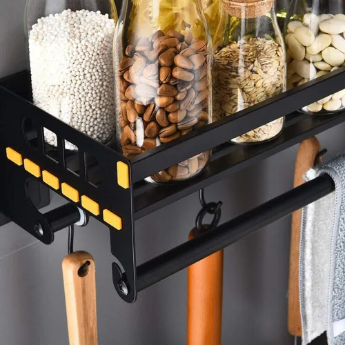Miniatura 6 de Organizador de especias de acero inoxidable montado en la pared con 5 ganchos para utensilios, acabado negro cepillado, estante de almacenamiento