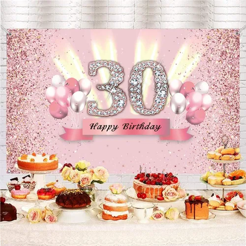 Miniatura 3 de Decoraciones de cumpleaños número 30 para mujer, cartel de fondo de feliz cumpleaños 30, cartel de tela para fiesta de aniversario de 30 años