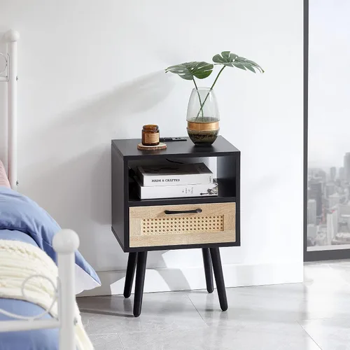 Mesita de noche, mesa auxiliar con cajón decorativo de ratán y patas de madera maciza, mesa decorativa de madera con almacenamiento para dormitorio,