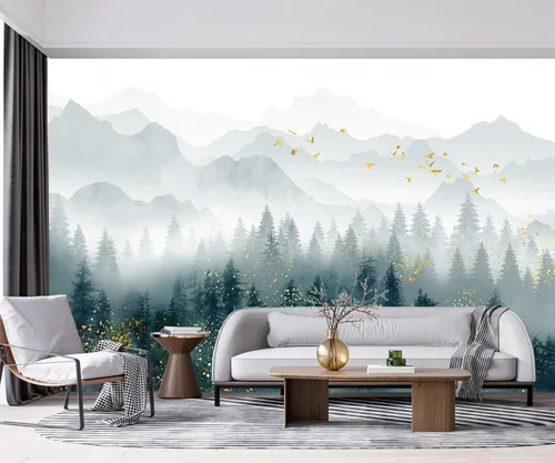 YQWDMX - Papel pintado con bosque de pinos brumosos y mural dorado para dormitorio (no despegar y pegar)