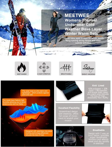 Miniatura 3 de MEETWEE Ropa interior térmica para mujer, Long Johns Ski para clima frío, capa base, cálida parte superior e inferior de invierno para correr