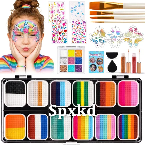 Miniatura 7 de Kit de pintura facial para niños, 20 pinturas a base de agua, no tóxicas, para piel sensible, 100 plantillas, 3 brillos 2 tizas para el cabello, 2