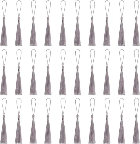 Miniatura 32 de VAPKER 30 borlas negras de 5.1 in/5 pulgadas, sedosas, hechas a mano, suaves, con lazo de cordón de 2 pulgadas para hacer joyas, proyectos