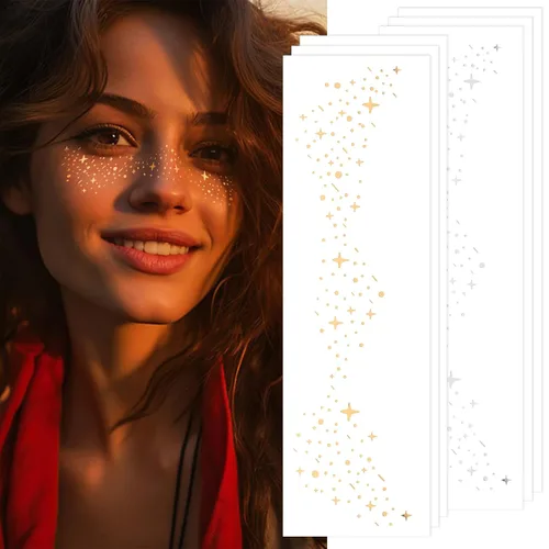Miniatura 7 de Pecas con purpurina para tatuajes faciales, 6 hojas de parches de maquillaje facial con estrellas doradas y plateadas, pecas falsas lindas
