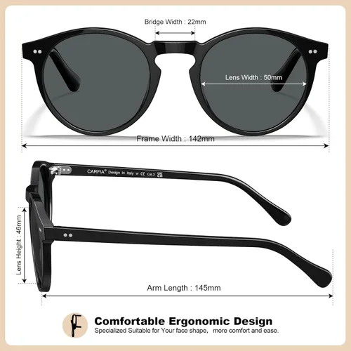 Miniatura 13 de CARFIA Gafas de sol redondas de acetato para hombre, polarizadas, protección UV, gafas de sol clásicas retro CA5289L