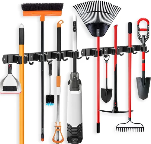 Miniatura 11 de IMILLET Paquete de 2 soportes para escobas y fregonas montados en la pared, soporte para escobas de acero inoxidable, organizador de escobas, 5