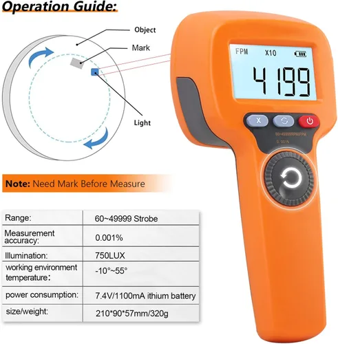 Miniatura 6 de Estroboscopio LED digital que mide 60-49999 RPM/Hz, tacómetro sin contacto con estroboscopio preciso 0.001% Analizador de velocidad del motor