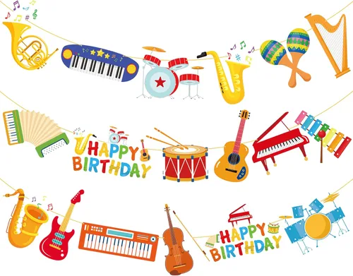 3 pancartas de instrumentos musicales para decoración de fiesta de música, instrumentos musicales, guirnaldas para fiesta de cumpleaños temática