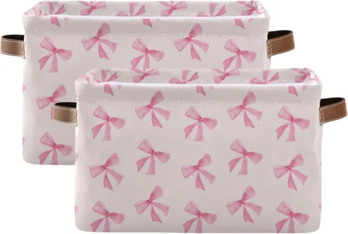 Miniatura 2 de Cesta de almacenamiento plegable con lazo rosa, impermeable, con asas de cuero, para clósets, oficinas, dormitorios, cestas de regalo, 1 unidad