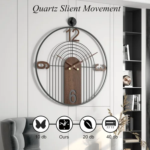 Miniatura 5 de Reloj de Pared Moderno Grande con Esfera de Nogal, Marco de Madera y Metal, Relojes de Pared Silenciosos Sin Tic Tac, Decoración para Sala de Estar