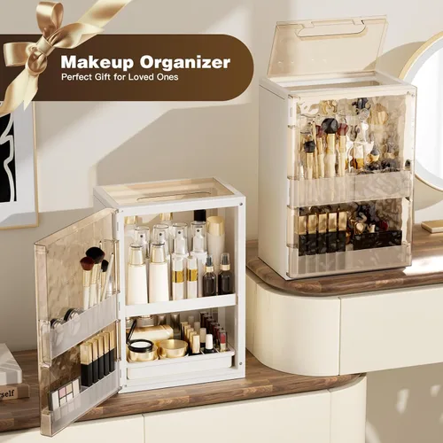 Miniatura 7 de Organizador de maquillaje con cajones, organizador de cuidado de la piel para tocador, vitrina grande de cosméticos con asa, organizadores