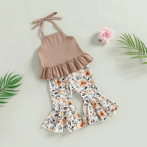 Miniatura 3 de TheFound Traje de verano para bebé niña pequeña, parte superior con cuello halter, pantalones acampanados, 2 piezas, ropa para recién nacidos