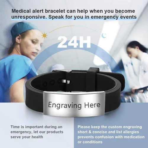 Miniatura 118 de OPALSTOCK Pulseras médicas personalizadas de silicona ajustable para identificación de emergencias, grabado gratuito, 9 pulgadas, resistente al