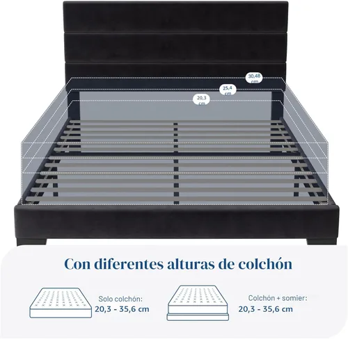 Miniatura 7 de Allewie Base de cama de plataforma tamaño Queen con cabecera tapizada de terciopelo y soporte de listones de madera, base de colchón totalmente Negro