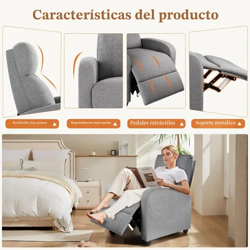 Miniatura 5 de Sweetcrispy Silla reclinable de tela; sofá reclinable sin masaje, asiento para cine en casa con soporte lumbar, reclinable ajustable con respaldo