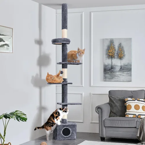 Miniatura 2 de Yaheetech Árbol para gatos, torre de piso a techo para gatos grandes, árbol de escalada alto ajustable de 89-104.5 pulgadas con postes rascadores