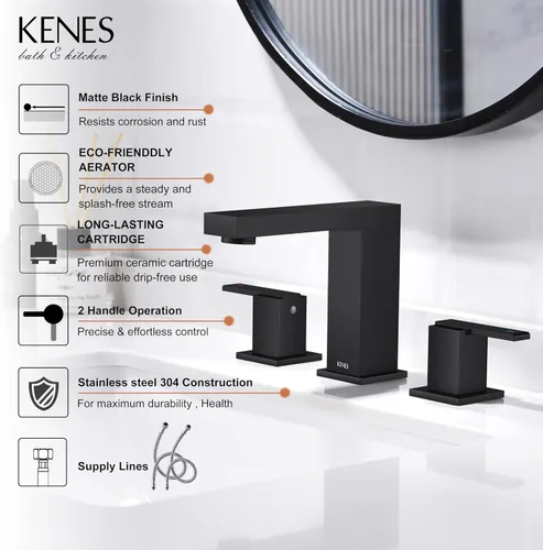 Miniatura 3 de KENES Grifo de Baño Extendido Negro Mate de Dos Manijas, Grifos de Lavabo de Baño Negro de 3 Orificios, 8 Pulgadas, Grifo de Tocador de Baño de 3