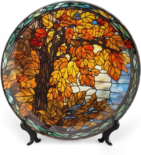Platos decorativos de otoño, diseño de vitrales, placa de exhibición de árbol de otoño para el hogar, oficina, cocina, decoración de mesa, platos de