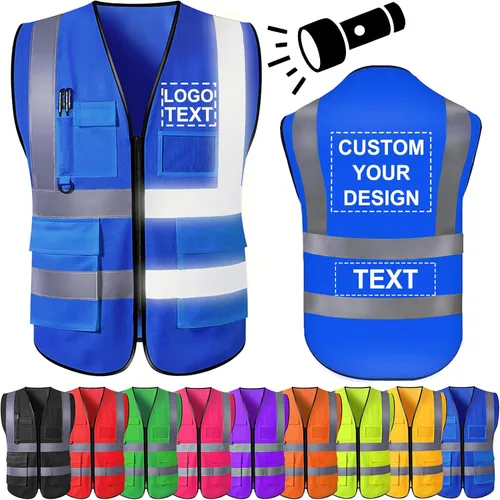 Chaleco de seguridad personalizado para hombre, chaleco personalizado de alta visibilidad, ropa de trabajo con tira reflectante, 5 bolsillos Azul