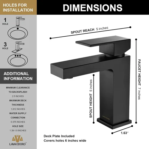 Miniatura 5 de Lava Odoro Grifo de baño negro mate de 1 agujero, moderno grifo de lavabo de baño de un solo orificio para tocador con montaje de drenaje
