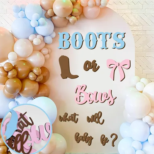 Adhesivos de madera para señalización de revelación de género, arco de globos "¿Qué será el bebé?", botas o lazos, suministros de decoración para
