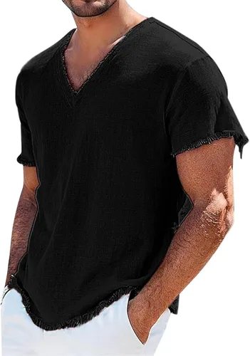 Miniatura 17 de Mens Cotton Linen Short Sleeve Shirts Retro Frayed Casual V-Neck Beach Hippie Tshirts Lightweight Summer Resort Tops