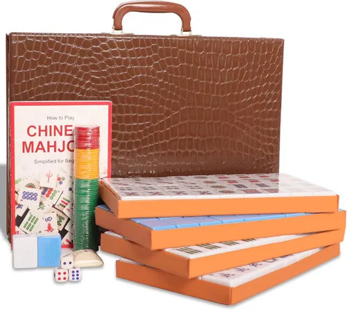 Juego de Mahjong chino, juego de Mahjong con 146 azulejos grandes numerados (1.5", azul), juego de azulejos de Mahjong con estuche de transporte