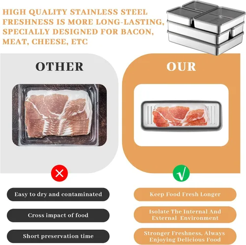 Miniatura 5 de Hushee Juego de 6 contenedores para tocino y queso para refrigerador, contenedor hermético de carne para delicatessen de acero inoxidable 304