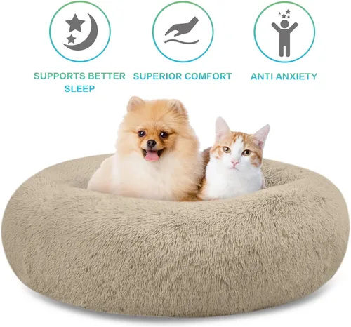Miniatura 2 de SAVFOX Camas calmantes de felpa para perros, cama de perro de dona para perros pequeños, tamaño mediano, grande y extragrande, cómoda cama para Beige