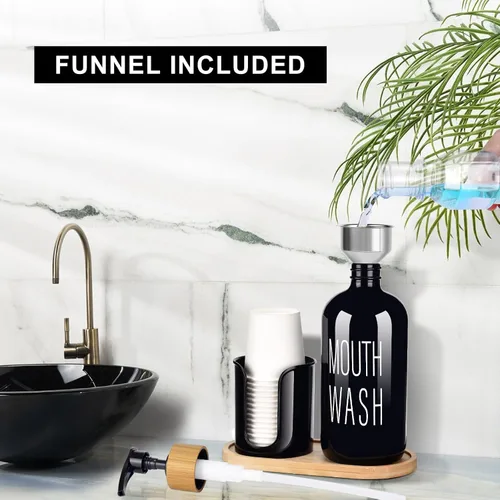 Miniatura 4 de Dispensador de enjuague bucal negro para baño, botella de vidrio con bomba de 16 onzas con soporte para tazas, 14 tazas de enjuague bucal, bandeja
