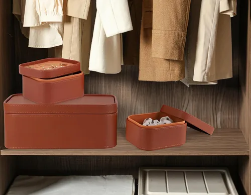 Miniatura 5 de HofferRuffer Cajas de almacenamiento decorativas de piel sintética, cestas de almacenamiento a prueba de polvo con tapas y bandejas, contenedores