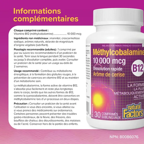 Miniatura 7 de Natural Factors Metilcobalamina 10,000 mcg - Suplemento de vitamina B12 en forma metabólicamente activa - Suplemento apoya la formación celular