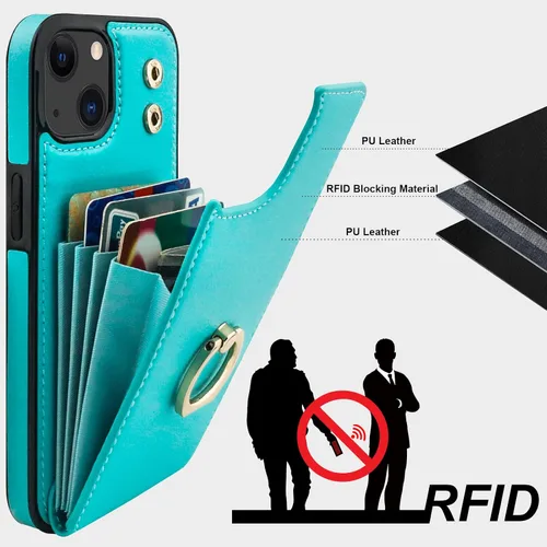 Miniatura 5 de Folosu Compatible con iPhone 13 Funda Cartera con Portarjetas, Soporte de Anillo para Dedo con Rotación de 360° Función de Atril Protectora Bloqueo