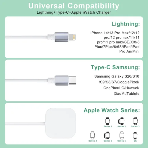 Miniatura 3 de Cable de carga universal retráctil 3 en 1 para teléfonos + cable de carga para Apple Watch, USB A a Lightning+tipo C+cargador iWatch para iWatch