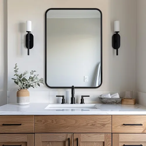 ANDY STAR Espejo de baño negro para pared, espejo rectangular redondeado de 22 x 30 pulgadas, espejo de tocador de baño negro mate, espejo de pared