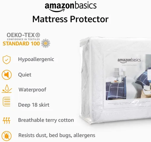Miniatura 5 de Amazon Basics Protector de colchón impermeable de 18 pulgadas, tamaño individual, transpirable, lavable a máquina, color blanco