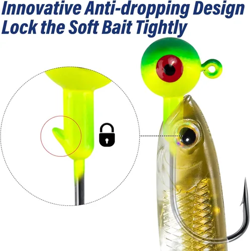 Miniatura 3 de Alwonder Paquete de 10 cabezas redondas de pesca, ganchos de róbala de lubina, ojos 3D, acero de alto carbono, 1/8-1/2 onzas, cabeza de plantilla
