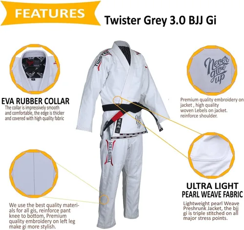 Miniatura 3 de Twister Gris 3.0 Brasileño Jiu Jitsu Gi Preshrunk Pearl Weave 16.76 oz 100% Algodón