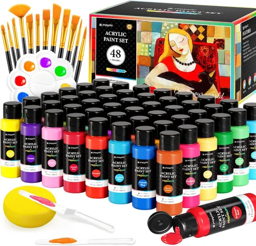 Juego de 64 pinturas acrílicas con 12 pinceles, 2 cuchillos y paleta, 48 colores (2oz/60ml) Pintura artesanal para adultos, niños, artistas,