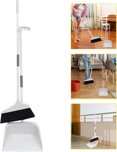 Miniatura 8 de Lurrose Juego de escoba y recogedor resistente para suelos con cerdas suaves y mango largo ergonómico para azulejos de cocina y superficies de Blanco