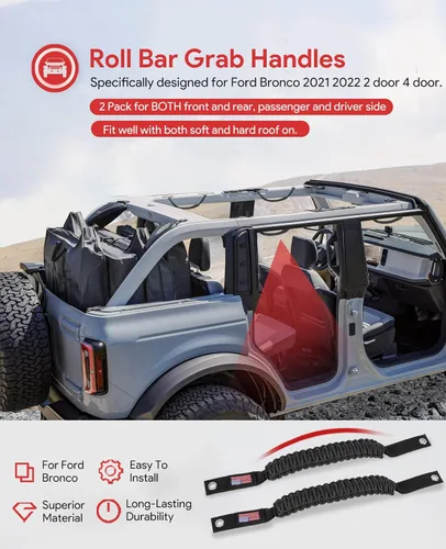 Miniatura 3 de sixcow Paquete de 2 manijas de agarre para barra antivuelco de Ford Bronco, agarres de paracord para Ford Bronco 2021 2022 2023 2024 de 2 puertas